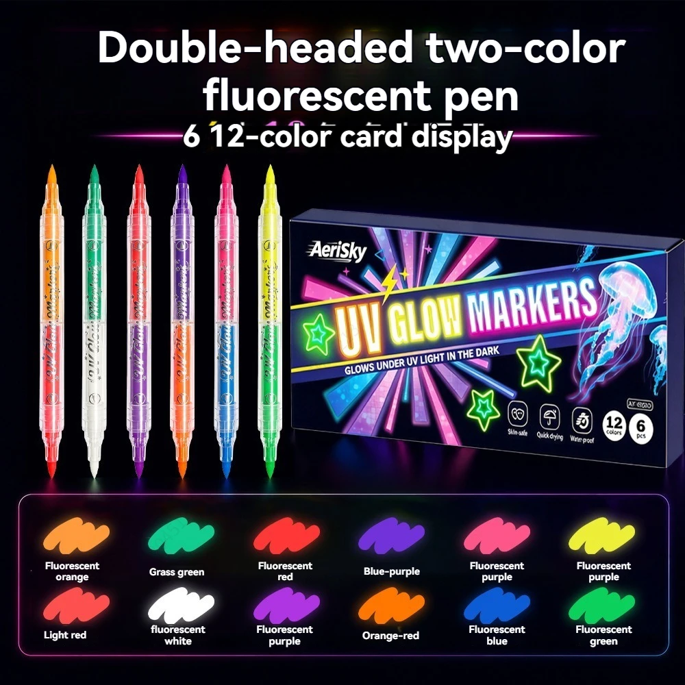 Copic Marker Sketch - 12 Farben, doppelseitige UV-Neon-Leuchtstifte, Set, schwarze